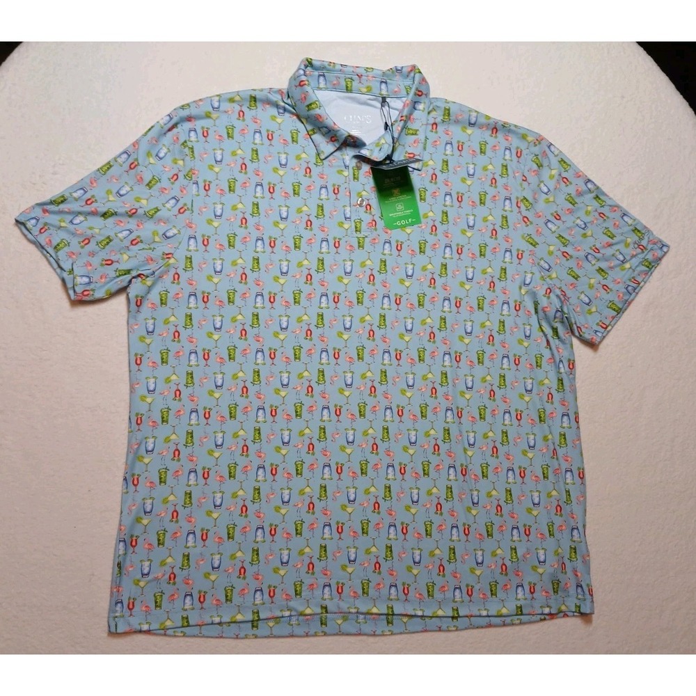 Chaps Golf Polo Shirt Mens XL Powder Blue Cocktail Flamingo Performance NWT